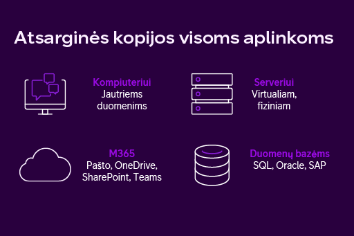 Atsarginės kopijos visoms aplinkoms - kompiuteriui, serveriui, M365, duomenų bazėms