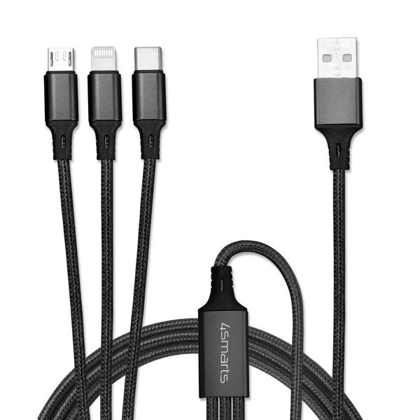 4smarts USB A į microUSB/USB C/Lightning kabelis, 1m juoda